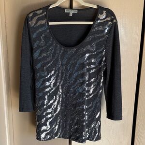 Vintage Suzie Black Sequin Zebra-Print Scoop Neck Top